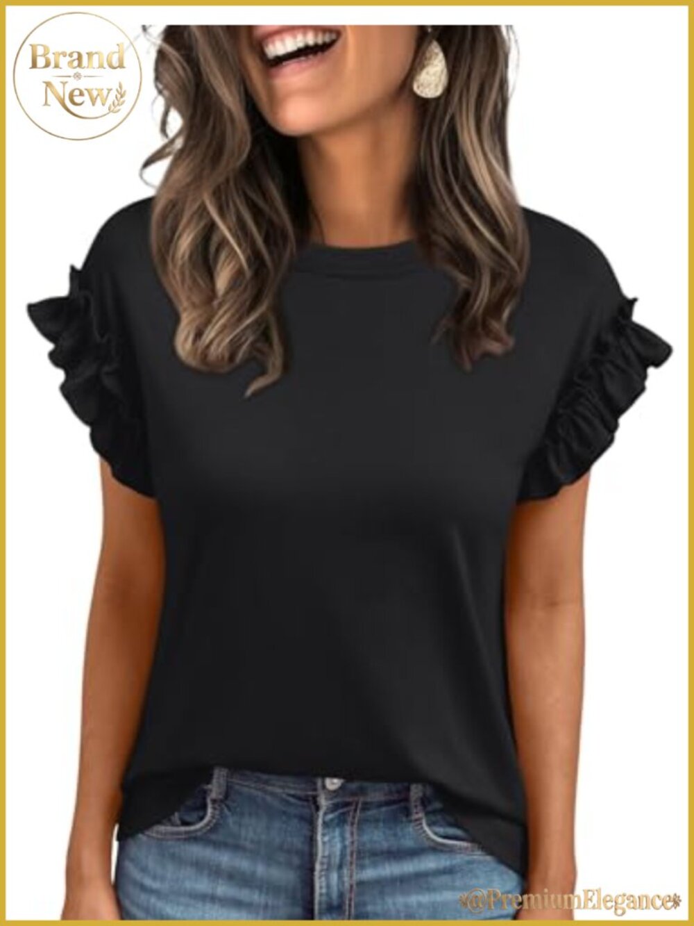 Ruffle Sleeve Crew Neck T-Shirt Business Casual Loose Fit Top